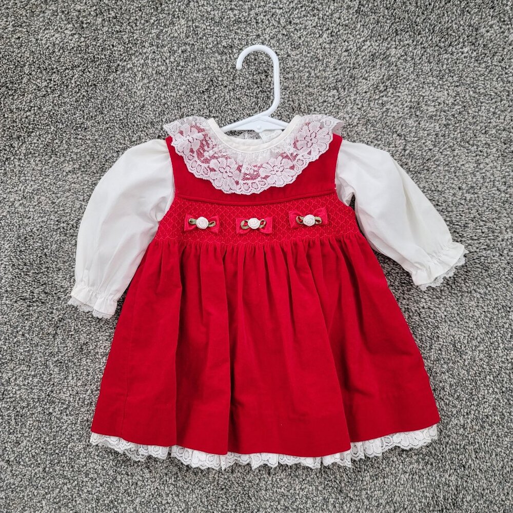 Unbranded Vintage Red Velvet Dress with White Lace Trim 6-9 Months Baby Girl